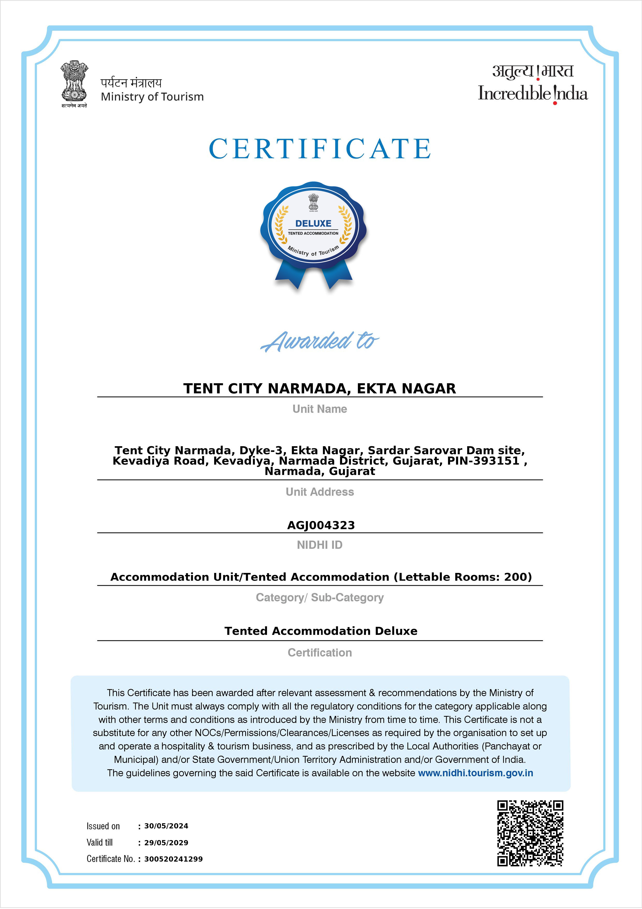 Tent City Narmada Gujarat Tourism Certificate
